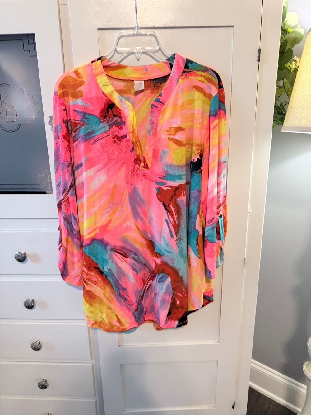 Bright Pink Abstract V-Neck Tunic Top - Picture 3 of 6